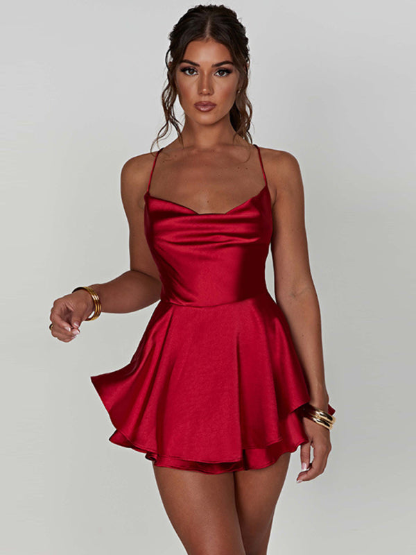spaghetti strap satin backless strappy A-hem dress BLUE ZONE PLANET