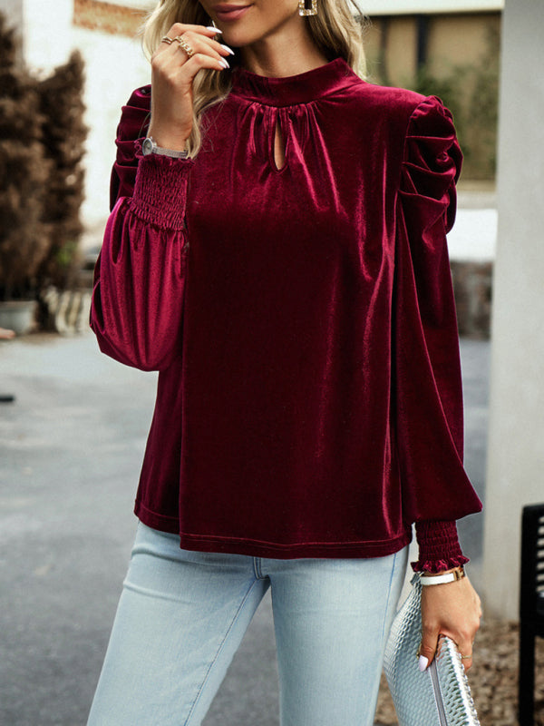 Blue Zone Planet | Gold velvet turtleneck bow puff sleeve shirt BLUE ZONE PLANET