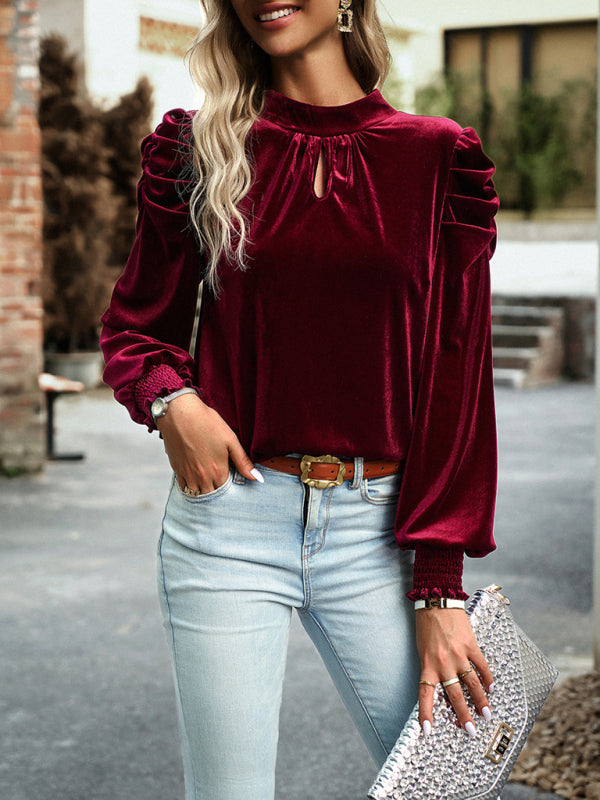 Blue Zone Planet | Gold velvet turtleneck bow puff sleeve shirt BLUE ZONE PLANET