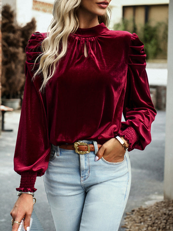 Blue Zone Planet | Gold velvet turtleneck bow puff sleeve shirt BLUE ZONE PLANET