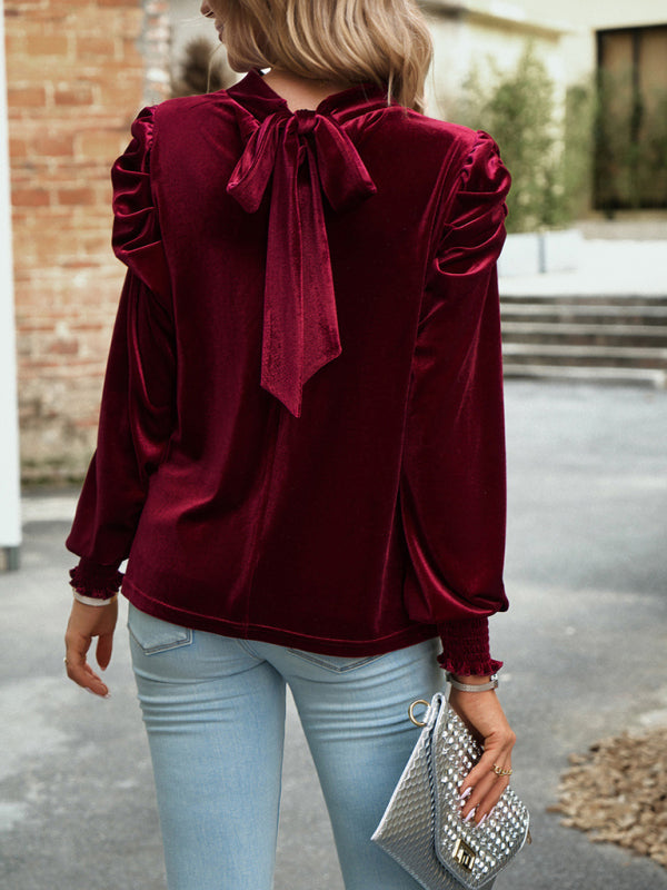 Blue Zone Planet | Gold velvet turtleneck bow puff sleeve shirt BLUE ZONE PLANET