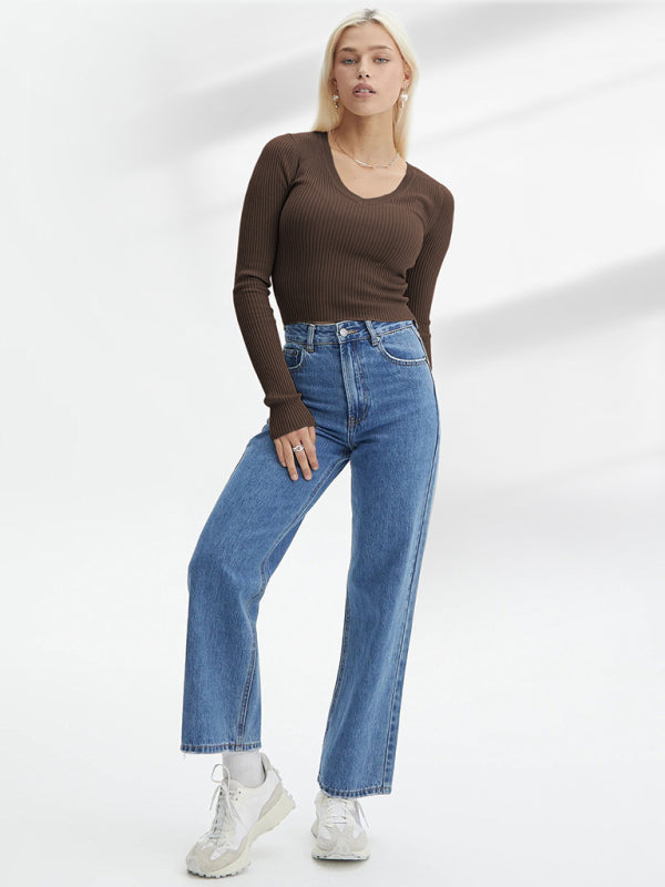 Blue Zone Planet | Elegant long-sleeved v-neck knitted top kakaclo