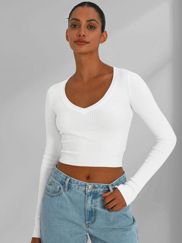 Blue Zone Planet | Elegant long-sleeved v-neck knitted top kakaclo