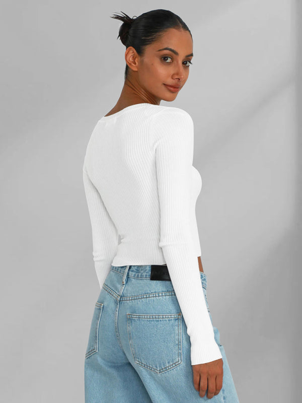 Blue Zone Planet | Elegant long-sleeved v-neck knitted top kakaclo