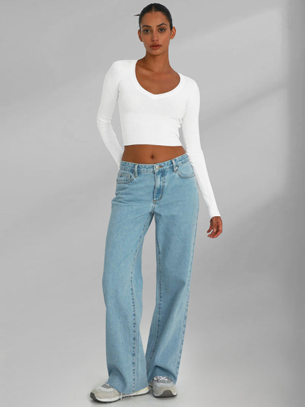 Blue Zone Planet | Elegant long-sleeved v-neck knitted top kakaclo