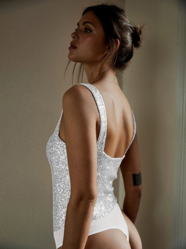 Women's beaded suspender slim fit bodysuit kakaclo