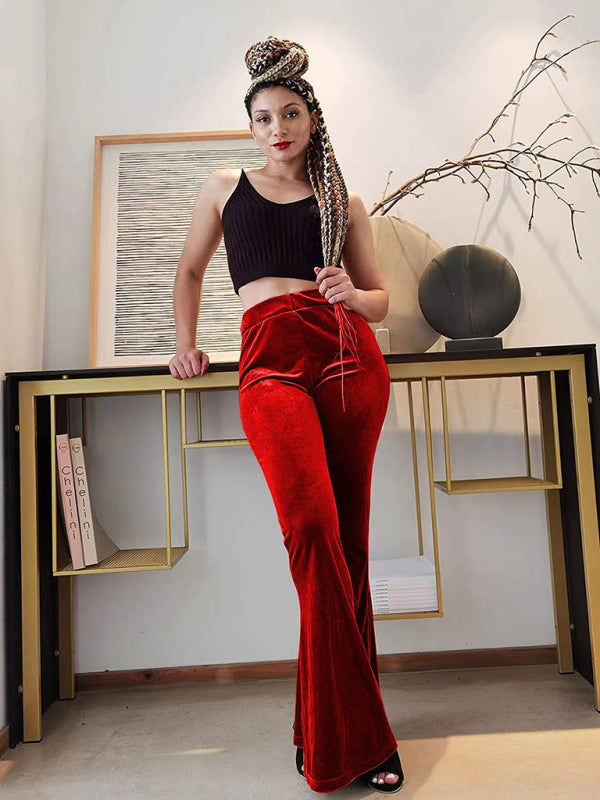 Blue Zone Planet | Women's pants velvet flared pants elastic elastic high waist flared pants casual trousers kakaclo