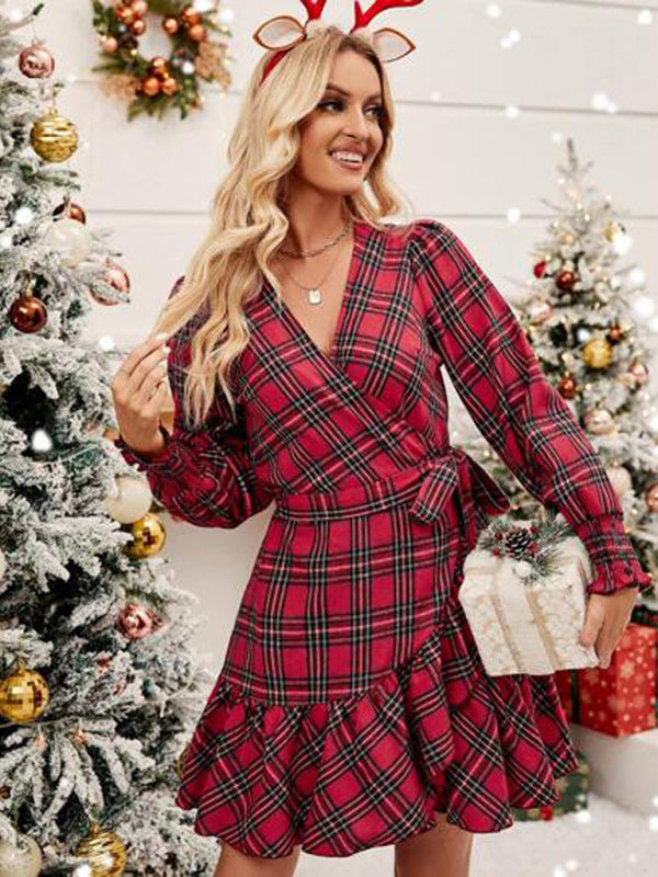 New Christmas plaid printed V-neck puff sleeve ruffled hem drawstring dress BLUE ZONE PLANET