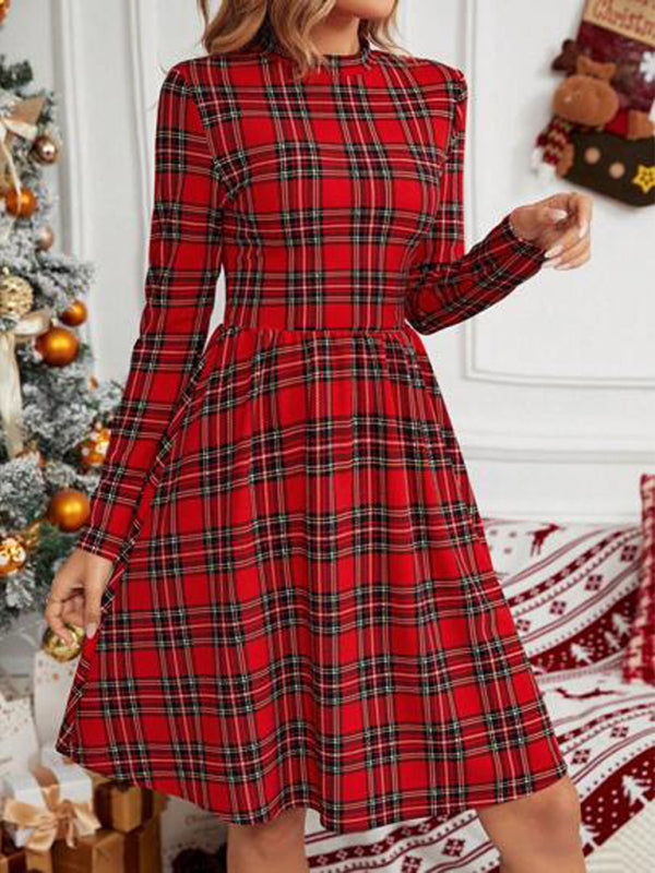 Checkered printed turtleneck long-sleeved dress Christmas new style BLUE ZONE PLANET
