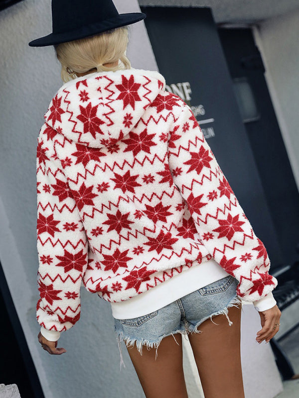Blue Zone Planet | loose hooded zipper cardigan velvet printed Christmas style jacket BLUE ZONE PLANET
