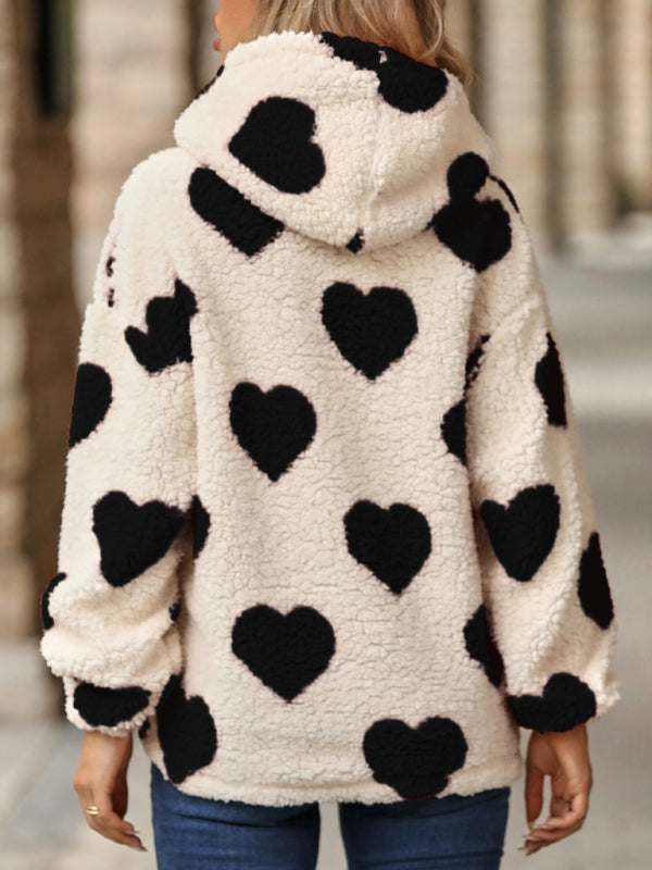 Women's Christmas Valentine's Day Loose Plush Hooded Love Print Pullover Sweatshirt BLUE ZONE PLANET