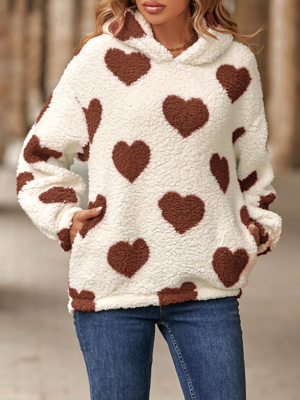 Women's Christmas Valentine's Day Loose Plush Hooded Love Print Pullover Sweatshirt BLUE ZONE PLANET