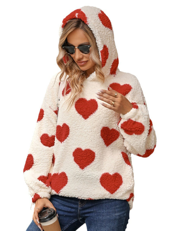 Women's Christmas Valentine's Day Loose Plush Hooded Love Print Pullover Sweatshirt BLUE ZONE PLANET