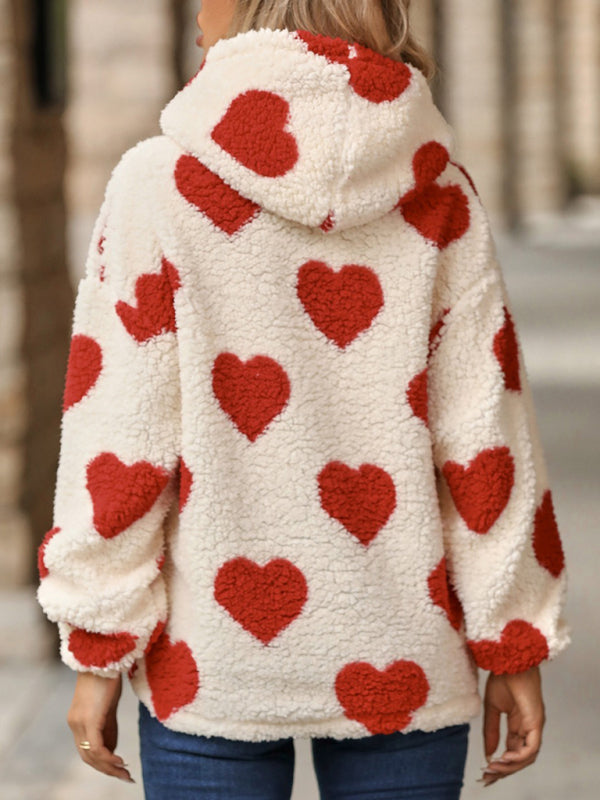 Women's Christmas Valentine's Day Loose Plush Hooded Love Print Pullover Sweatshirt BLUE ZONE PLANET