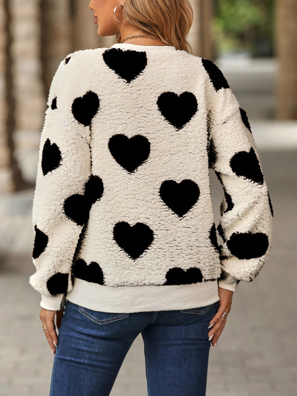 Women's Christmas Valentine's Day Plush Love Print Loose Long Sleeve Round Neck Pullover Sweatshirt BLUE ZONE PLANET