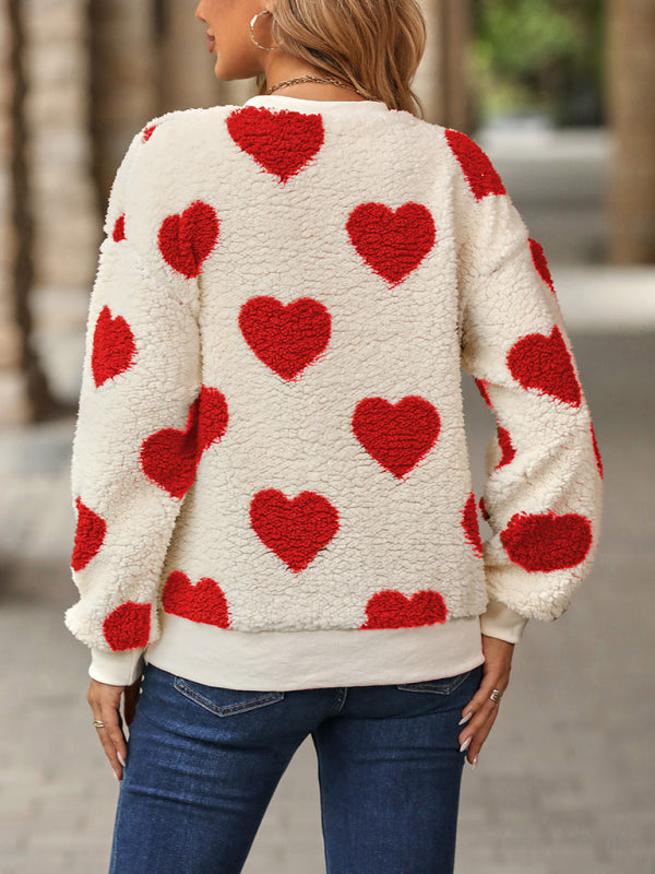 Women's Christmas Valentine's Day Plush Love Print Loose Long Sleeve Round Neck Pullover Sweatshirt BLUE ZONE PLANET