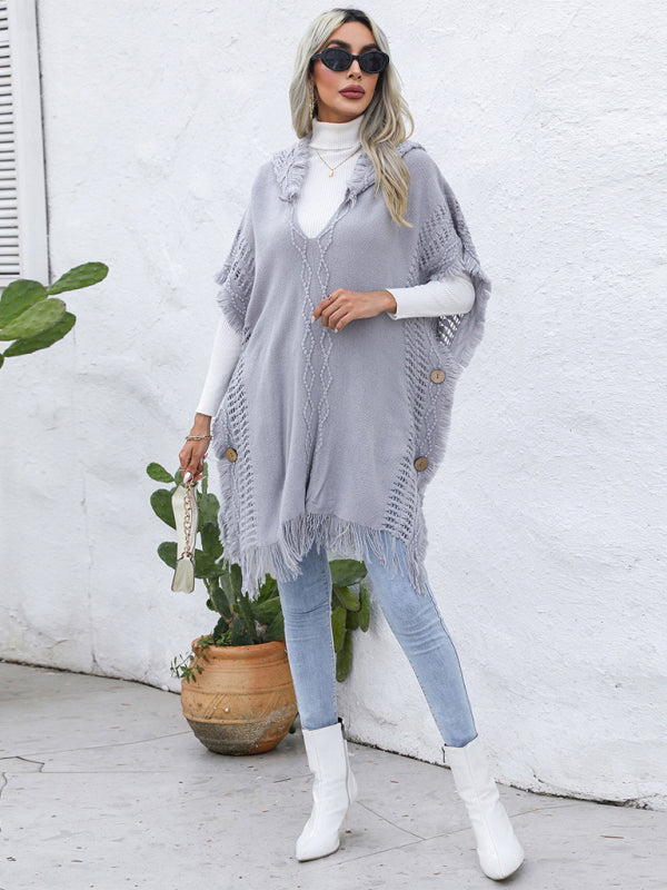 Blue Zone Planet | loose V-tie hooded pullover mid-length sweater vest cloak top jacket BLUE ZONE PLANET