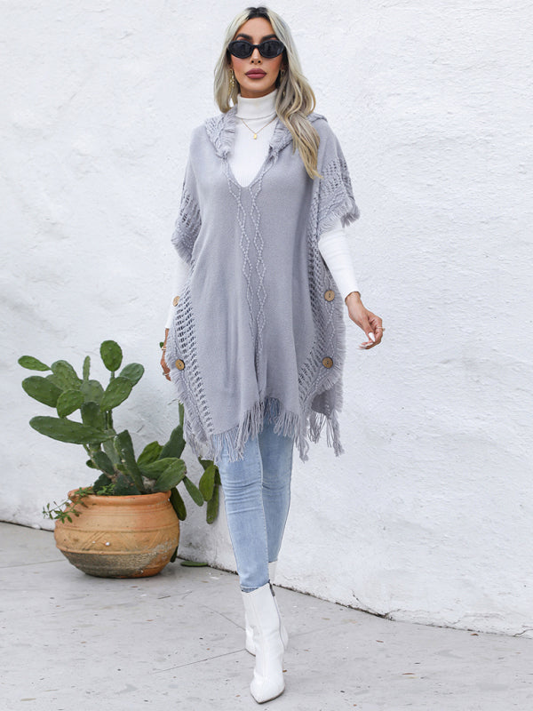 Blue Zone Planet | loose V-tie hooded pullover mid-length sweater vest cloak top jacket BLUE ZONE PLANET