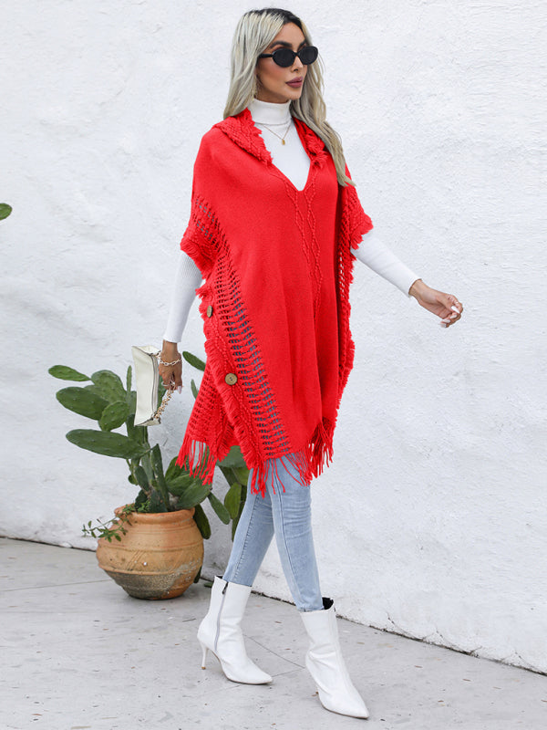 Blue Zone Planet | loose V-tie hooded pullover mid-length sweater vest cloak top jacket BLUE ZONE PLANET