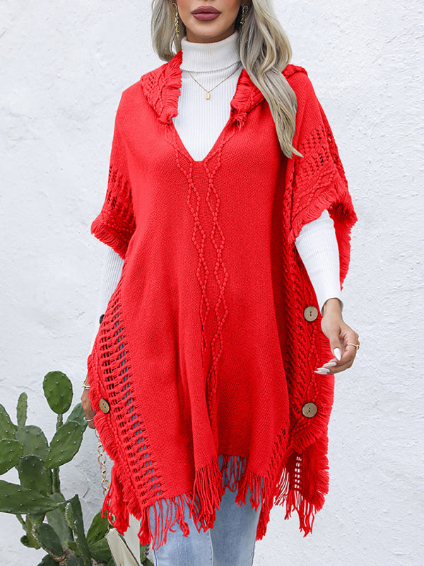 Blue Zone Planet | loose V-tie hooded pullover mid-length sweater vest cloak top jacket BLUE ZONE PLANET