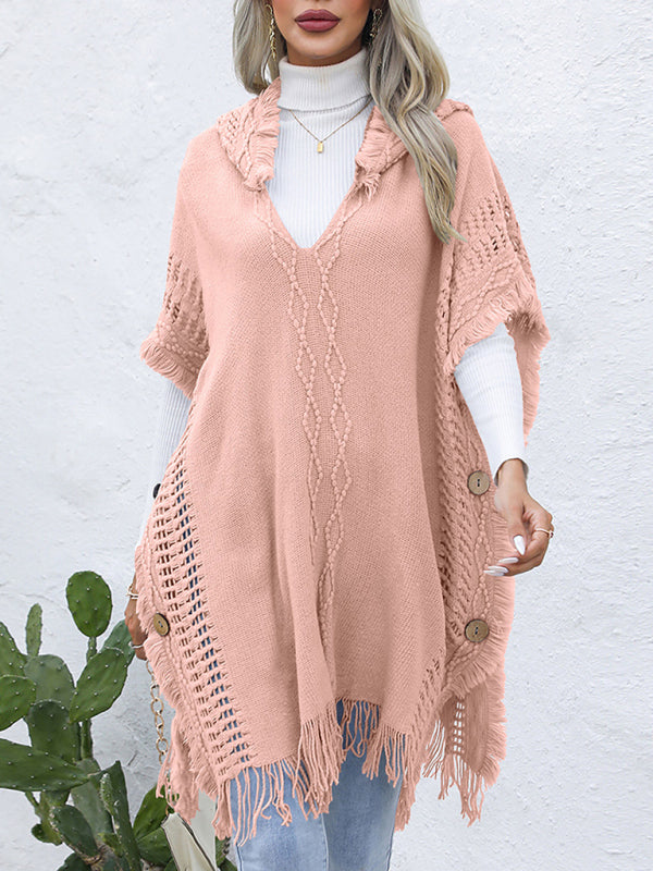 Blue Zone Planet | loose V-tie hooded pullover mid-length sweater vest cloak top jacket BLUE ZONE PLANET