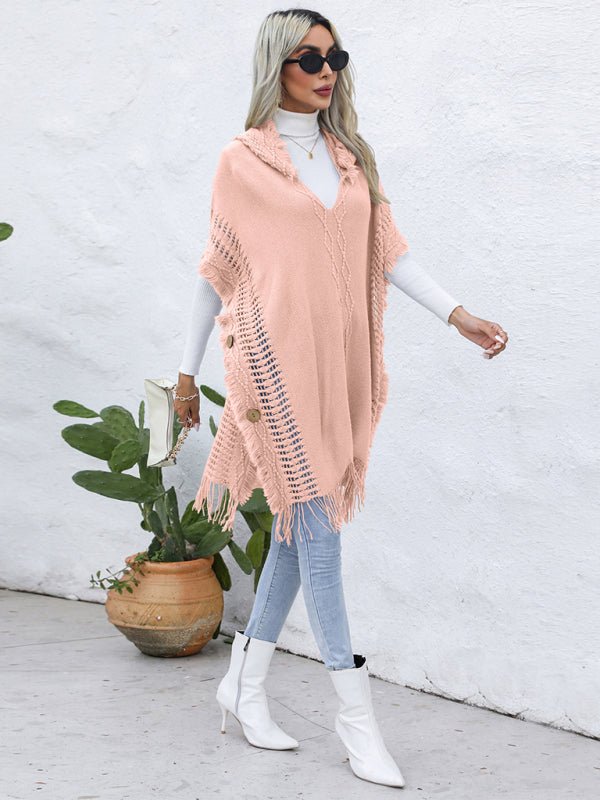 Blue Zone Planet | loose V-tie hooded pullover mid-length sweater vest cloak top jacket BLUE ZONE PLANET