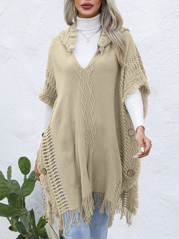 Blue Zone Planet | loose V-tie hooded pullover mid-length sweater vest cloak top jacket BLUE ZONE PLANET