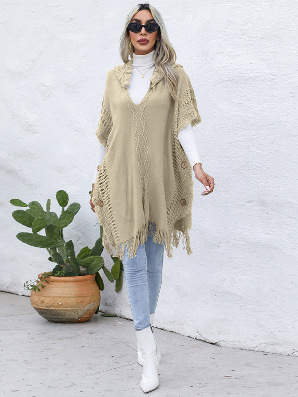 Blue Zone Planet | loose V-tie hooded pullover mid-length sweater vest cloak top jacket BLUE ZONE PLANET