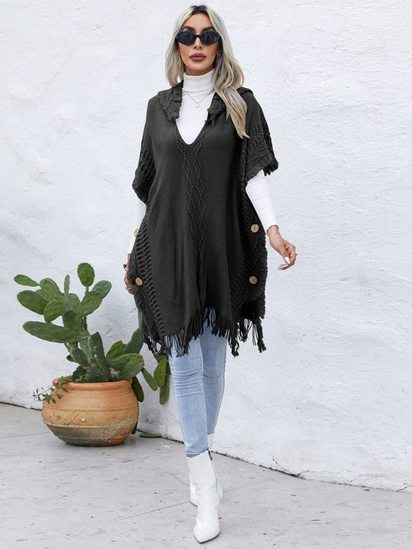 Blue Zone Planet | loose V-tie hooded pullover mid-length sweater vest cloak top jacket BLUE ZONE PLANET