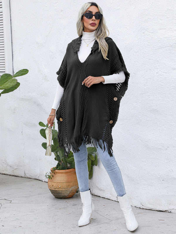 Blue Zone Planet | loose V-tie hooded pullover mid-length sweater vest cloak top jacket BLUE ZONE PLANET