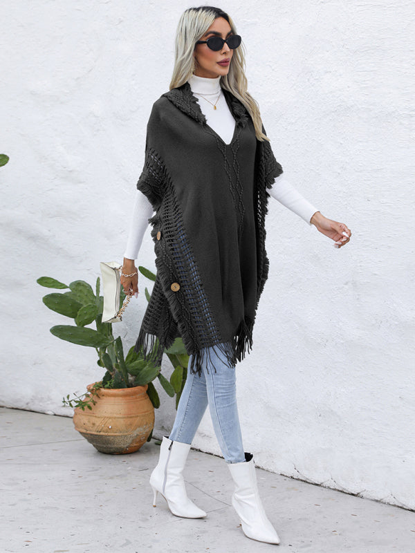 Blue Zone Planet | loose V-tie hooded pullover mid-length sweater vest cloak top jacket BLUE ZONE PLANET