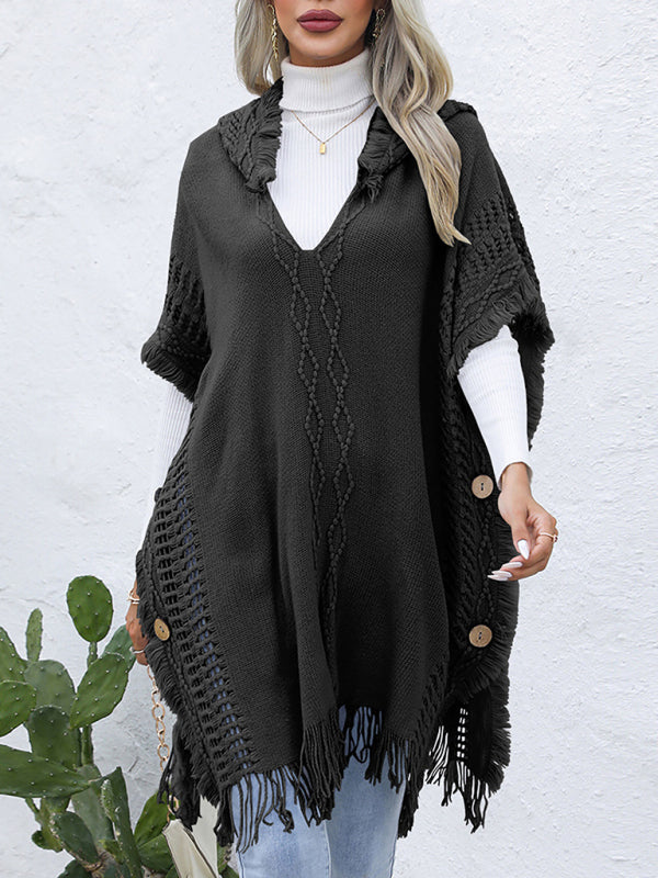 Blue Zone Planet | loose V-tie hooded pullover mid-length sweater vest cloak top jacket BLUE ZONE PLANET