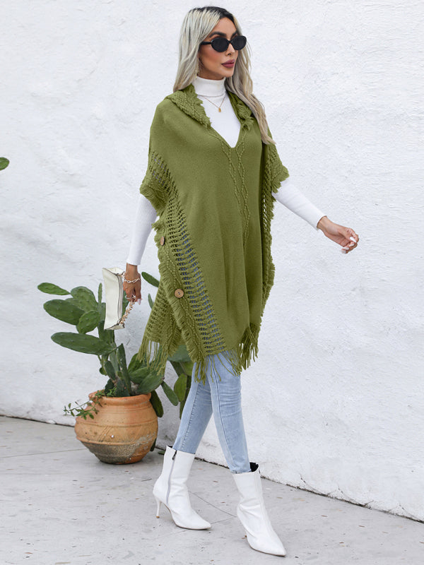 Blue Zone Planet | loose V-tie hooded pullover mid-length sweater vest cloak top jacket BLUE ZONE PLANET