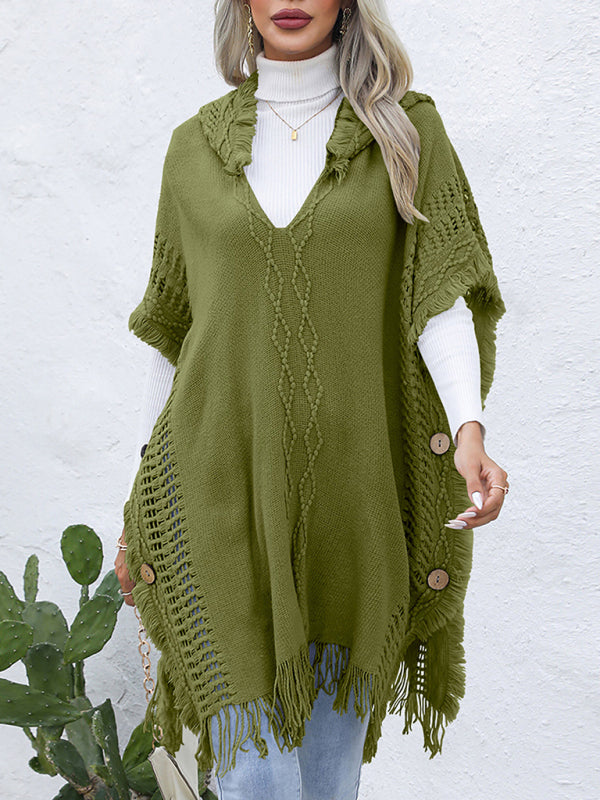 Blue Zone Planet | loose V-tie hooded pullover mid-length sweater vest cloak top jacket BLUE ZONE PLANET