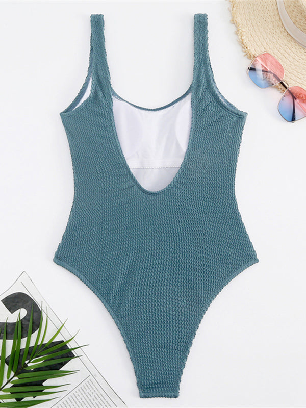 Candy Color Fluorescent Pleated Fabric One-Piece Swimsuit BLUE ZONE PLANET