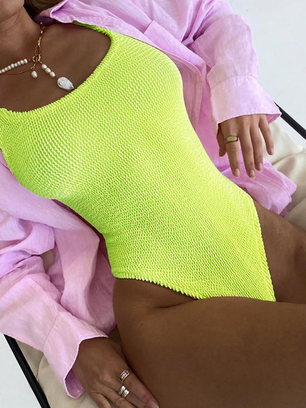 Candy Color Fluorescent Pleated Fabric One-Piece Swimsuit BLUE ZONE PLANET