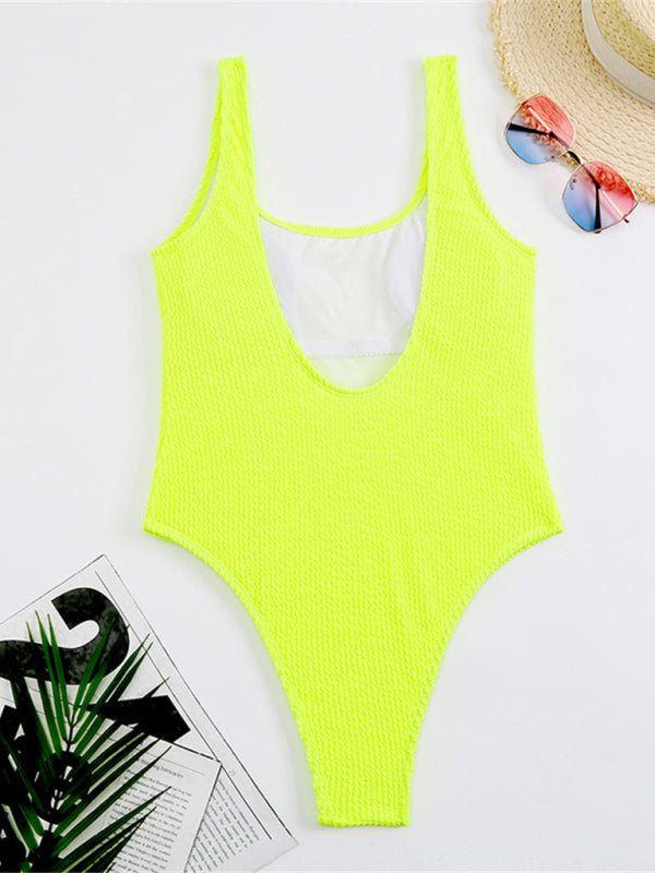 Candy Color Fluorescent Pleated Fabric One-Piece Swimsuit BLUE ZONE PLANET