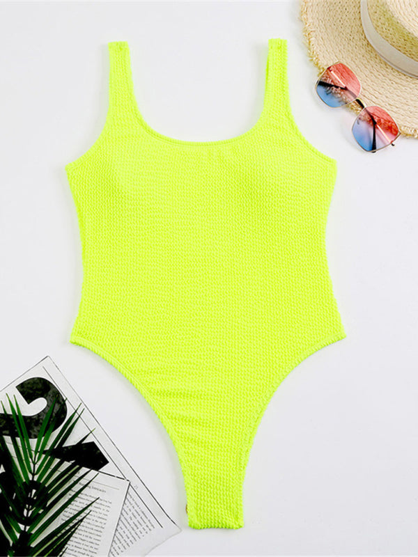 Candy Color Fluorescent Pleated Fabric One-Piece Swimsuit BLUE ZONE PLANET