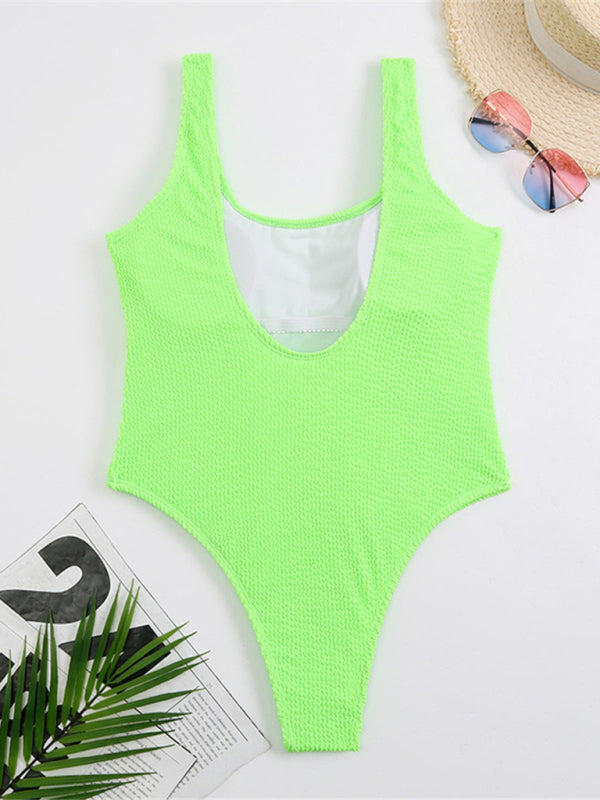Candy Color Fluorescent Pleated Fabric One-Piece Swimsuit BLUE ZONE PLANET