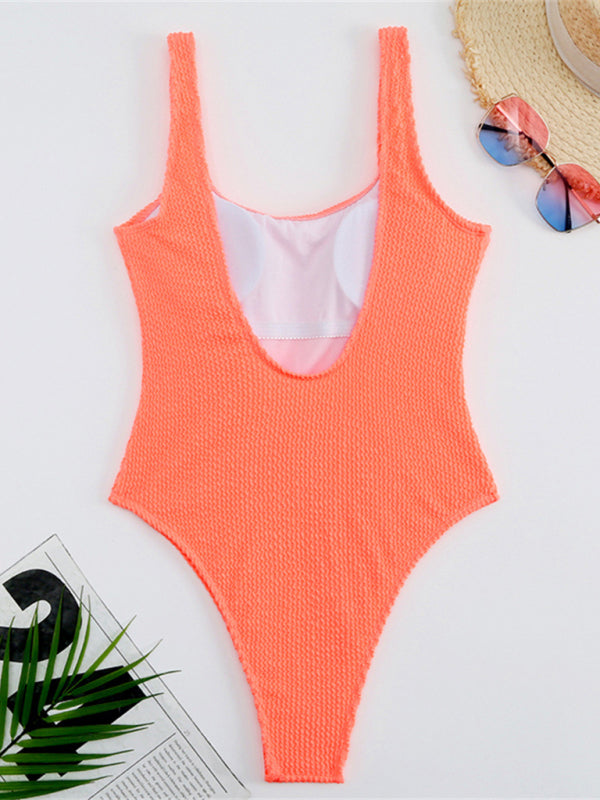 Candy Color Fluorescent Pleated Fabric One-Piece Swimsuit BLUE ZONE PLANET