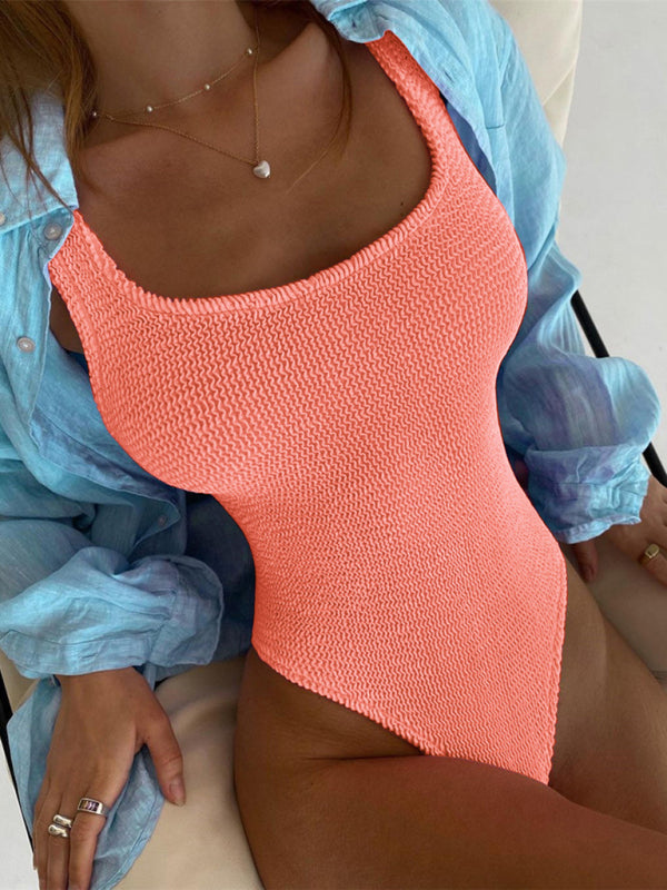 Candy Color Fluorescent Pleated Fabric One-Piece Swimsuit BLUE ZONE PLANET