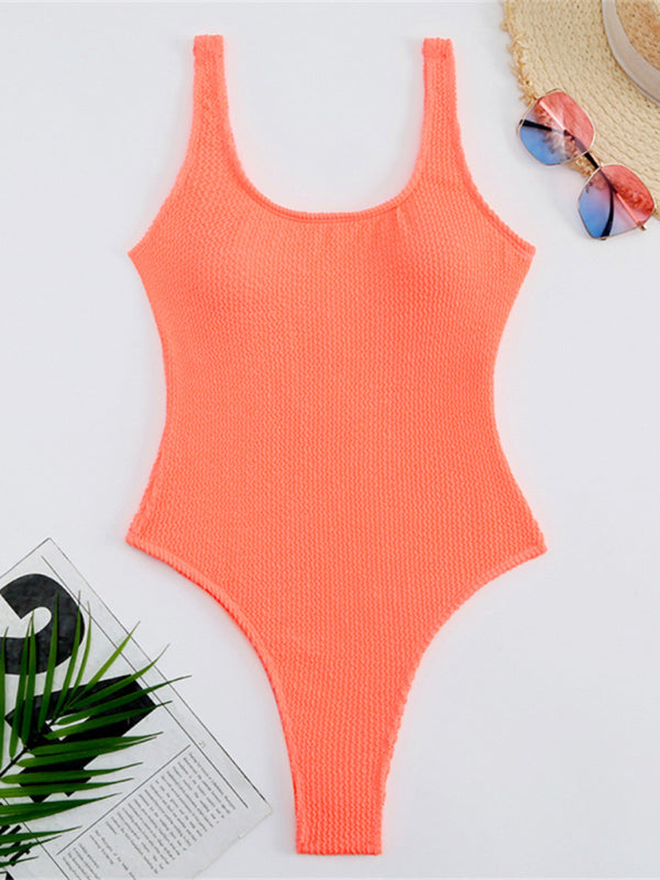 Candy Color Fluorescent Pleated Fabric One-Piece Swimsuit BLUE ZONE PLANET