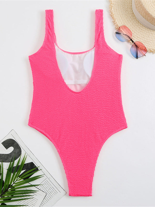 Candy Color Fluorescent Pleated Fabric One-Piece Swimsuit BLUE ZONE PLANET