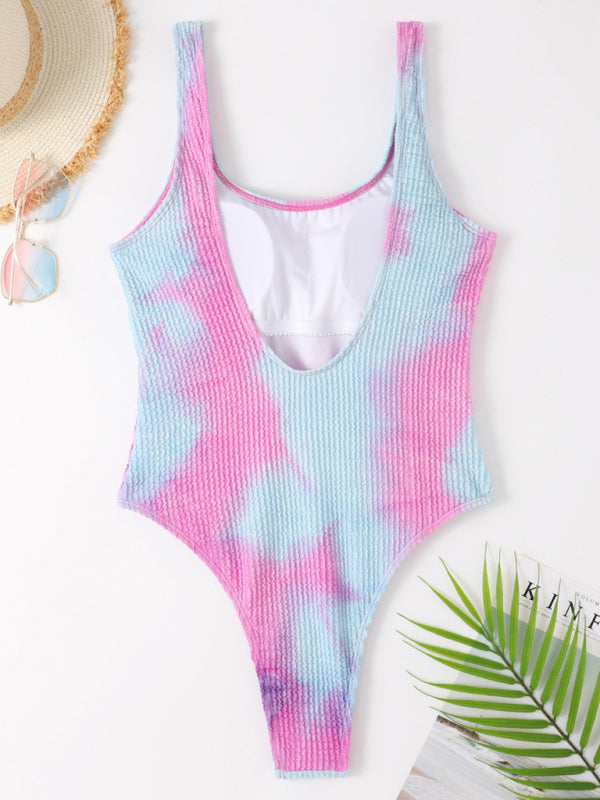Candy Color Fluorescent Pleated Fabric One-Piece Swimsuit BLUE ZONE PLANET
