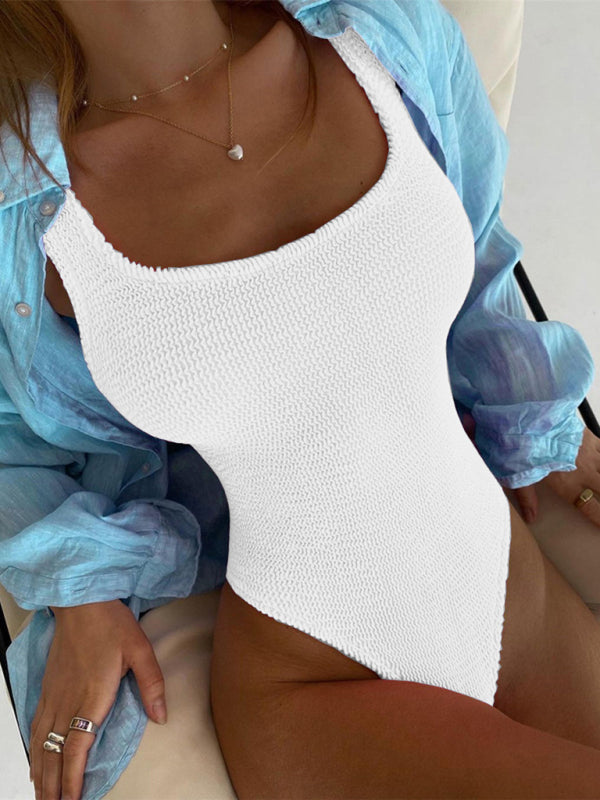 Candy Color Fluorescent Pleated Fabric One-Piece Swimsuit BLUE ZONE PLANET