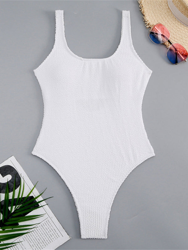 Candy Color Fluorescent Pleated Fabric One-Piece Swimsuit BLUE ZONE PLANET