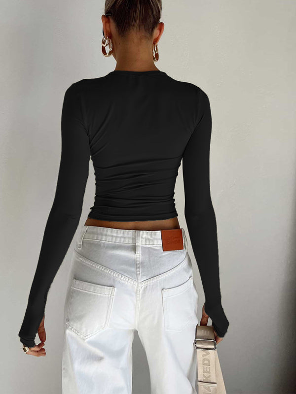 Women's solid color bottoming round neck T-shirt hot girl slimming long-sleeved top T-shirt kakaclo