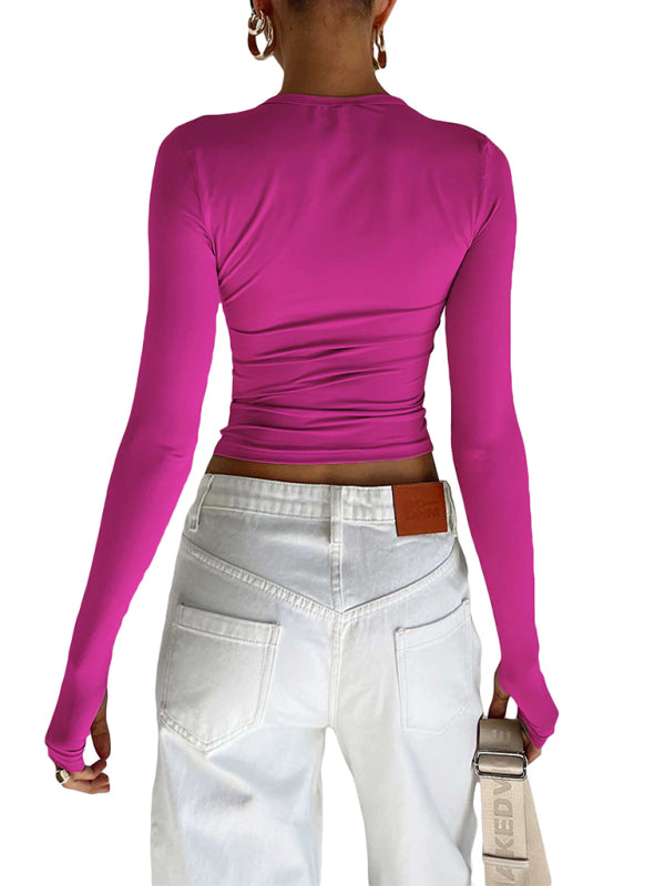 Women's solid color bottoming round neck T-shirt hot girl slimming long-sleeved top T-shirt kakaclo