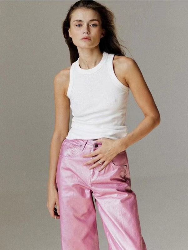 high-waisted slimming versatile simple metallic effect wide-leg pants kakaclo