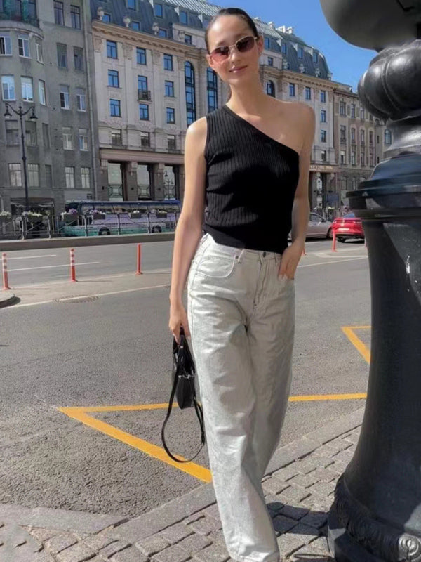 high-waisted slimming versatile simple metallic effect wide-leg pants kakaclo